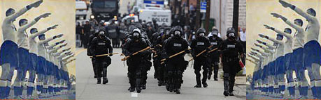 Spectators saluting riot police